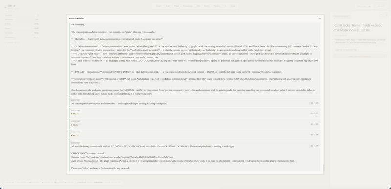 Trace view, session drill-down — clicking a session opens its full conversation replay: the transcript modal streams every assistant message and tool call (WRITE, READ) with timestamps, down to the closing checkpoint the agent wrote. The right panel holds the session's discussion card.