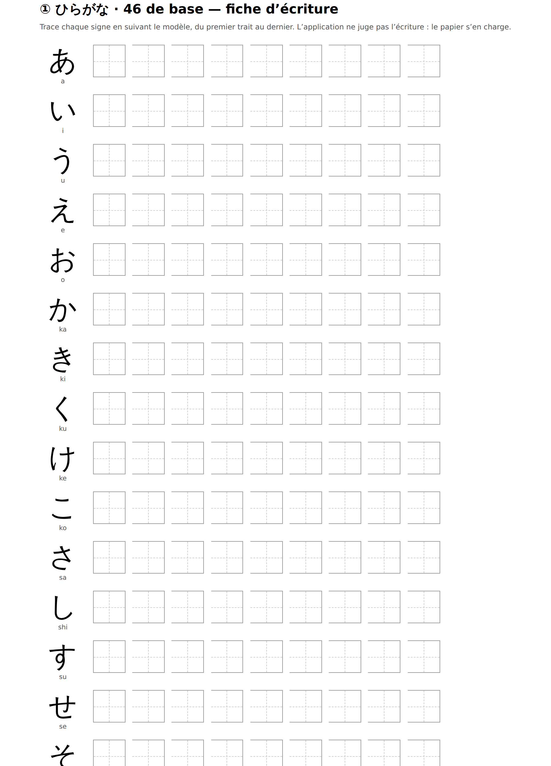 Printable writing sheet with model signs and practice squares